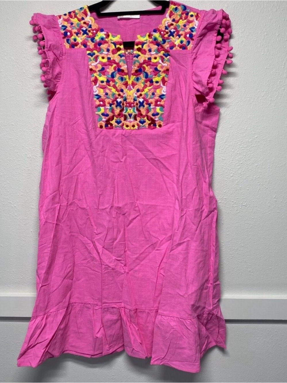 Pink Embroidered Flutter Sleeve Dress NEW